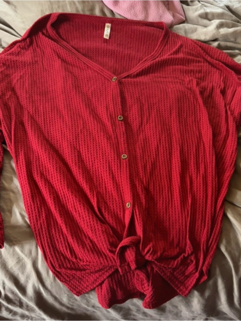 Women’s Red Button-Front Knit Top with Front Tie